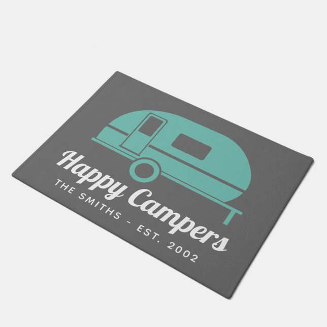 Happy Campers Gray Teal Camping Doormat (Angled)