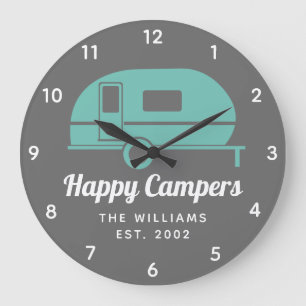 Happy Campers Grey Teal Camping Large Clock