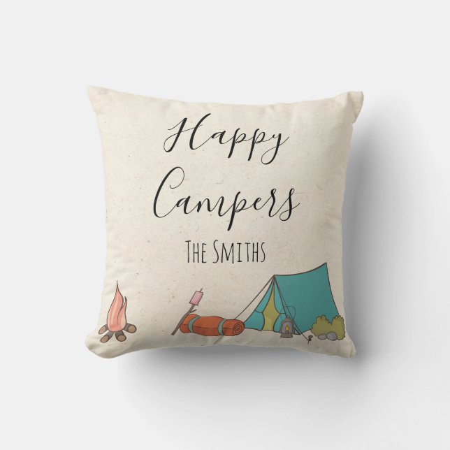 Happy Campers Handwritten Personalise Camp Tent Cushion (Front)
