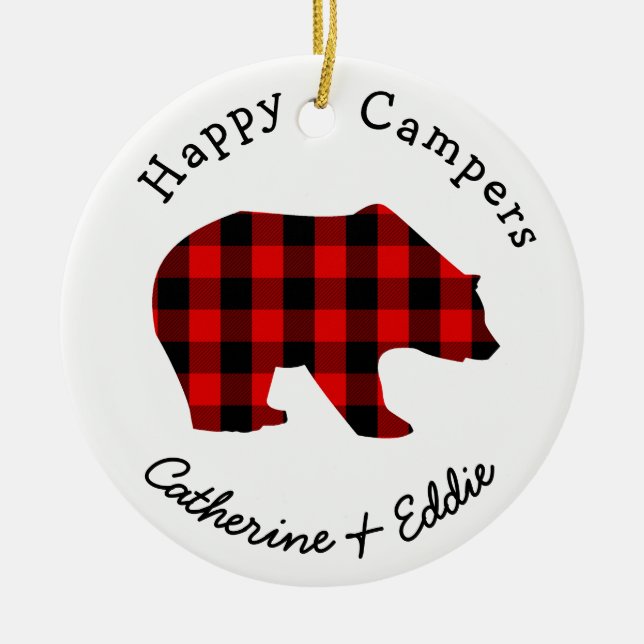 Happy Campers Names Rustic Buffalo Plaid Bear Ceramic Tree Decoration (Front)