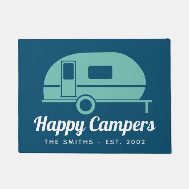 Happy Campers Navy Teal Camping Doormat (Front)