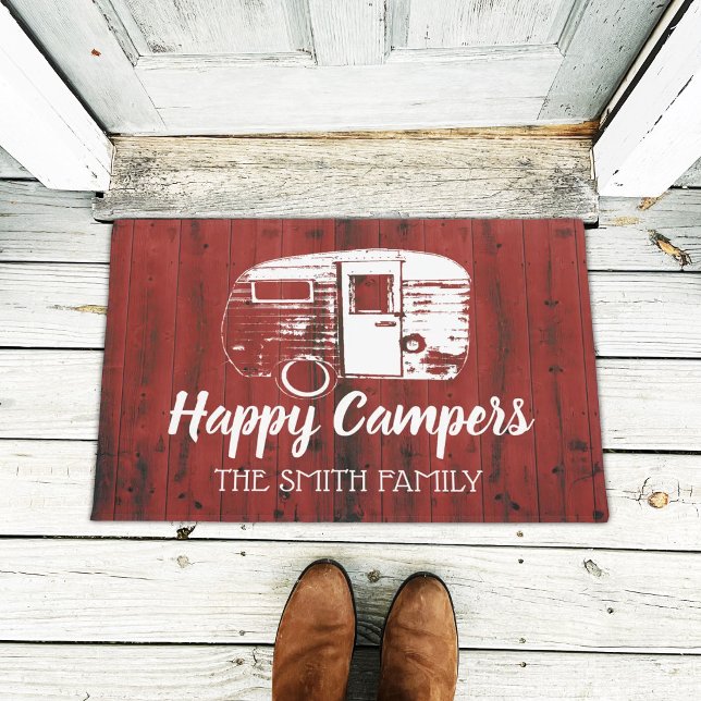 Happy Campers Red Barn Rustic Camping Family Name Doormat (Creator Uploaded)