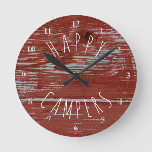 Happy Campers Red Barn Wood Rustic Camping Round Clock