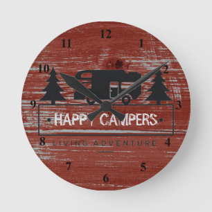 Happy Campers   Red Rustic Barn Wood RV Camping Round Clock