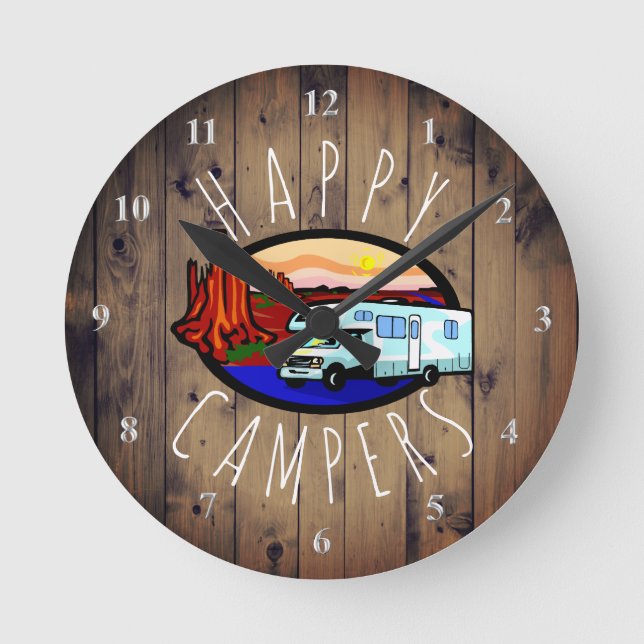 Happy Campers Retirement RV Camping Rustic Wood Round Clock (Front)