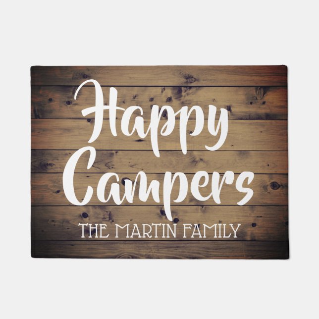Happy Campers Rustic Barn Wood Personalised Doormat (Front)