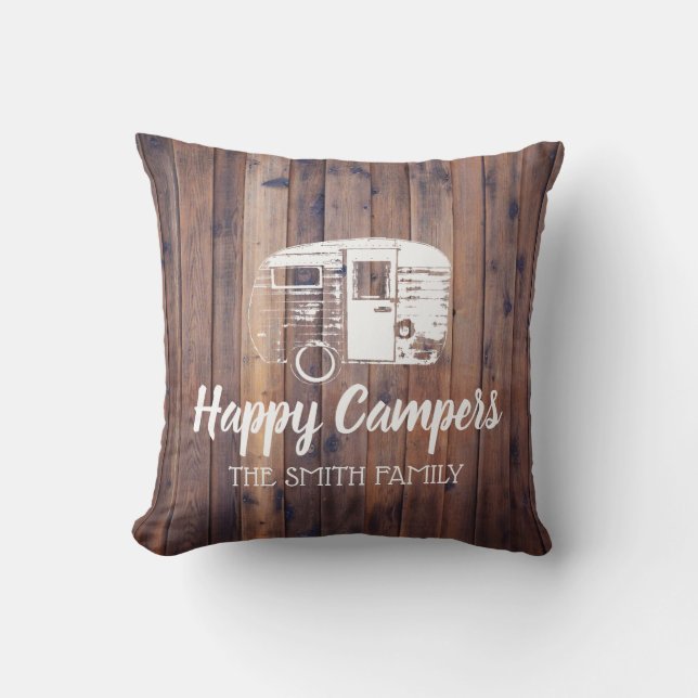 Happy Campers Rustic Camping Trailer Family Name Cushion (Front)