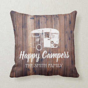 Happy Campers Rustic Camping Trailer Family Name Cushion