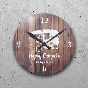 Happy Campers Rustic Camping Trailer Family Name Round Clock