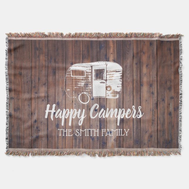 Happy Campers Rustic Camping Trailer Family Name Throw Blanket (Front)