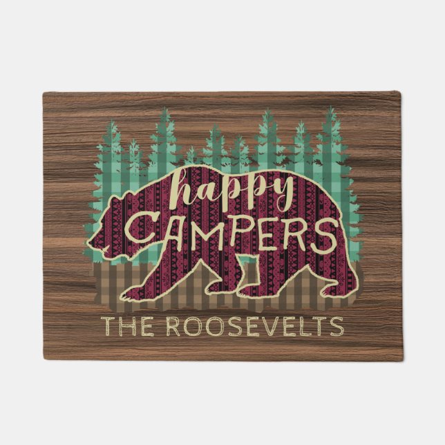 Happy campers rustic wood bear camping custom doormat (Front)