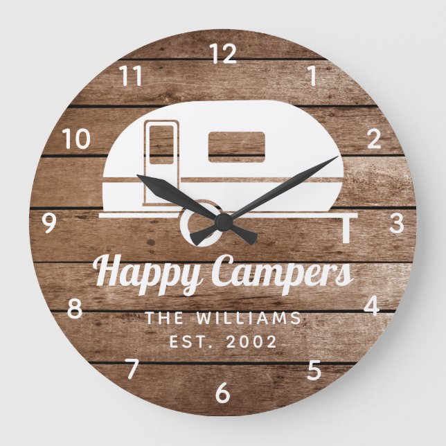 Happy Campers Rustic Wood Camping Large Clock (Front)