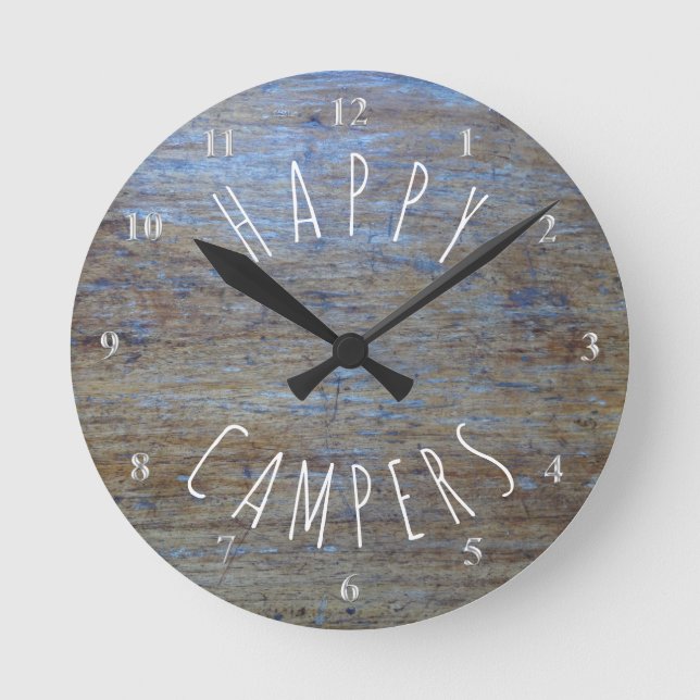 Happy Campers Rustic Wood | Camping Retirement Fun Round Clock (Front)