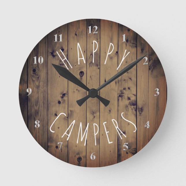 Happy Campers Rustic Wood | Retirement RV Camping Round Clock (Front)