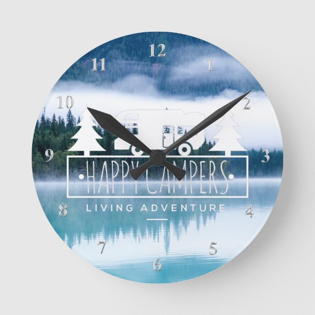Happy Campers RV Camping | Lake House Pine Trees Round Clock (Front)