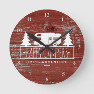 Happy Campers RV Camping Red Rustic Barn Wood Round Clock