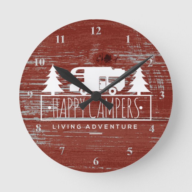 Happy Campers RV Camping | Red Rustic Barn Wood Round Clock (Front)