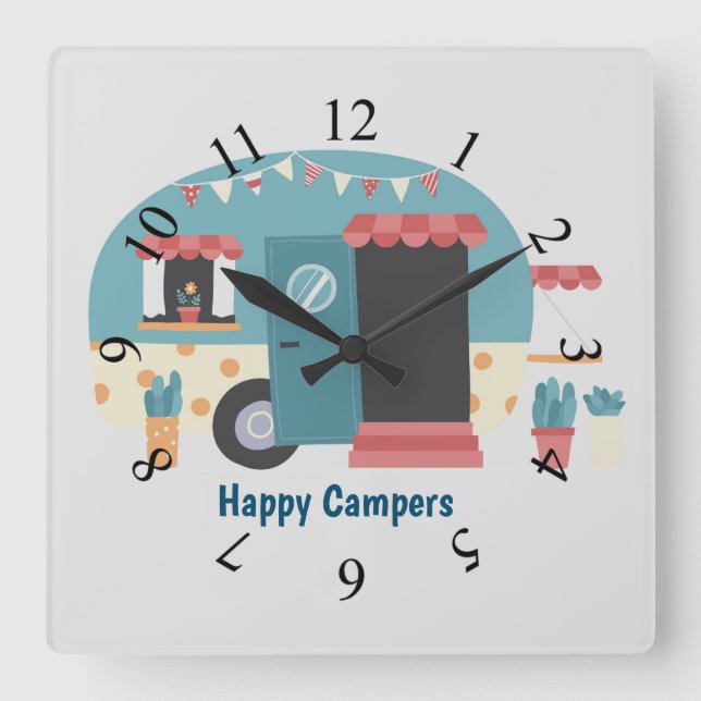 Happy Campers Trailer Square Wall Clock (Front)