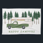 HAPPY CAMPERS Truck Camping RVing Trees Forest Tea Towel<br><div class="desc">HAPPY CAMPERS! I'd rather be RVing!! What about you? Check out this sweet truck camper towel and check my shop for more matching items like tshirts, magnets, keychains, pillows, stickers and more. And of course more RV, campervan, motorhome and camping stuff too. Customise this mug with a name, your own...</div>