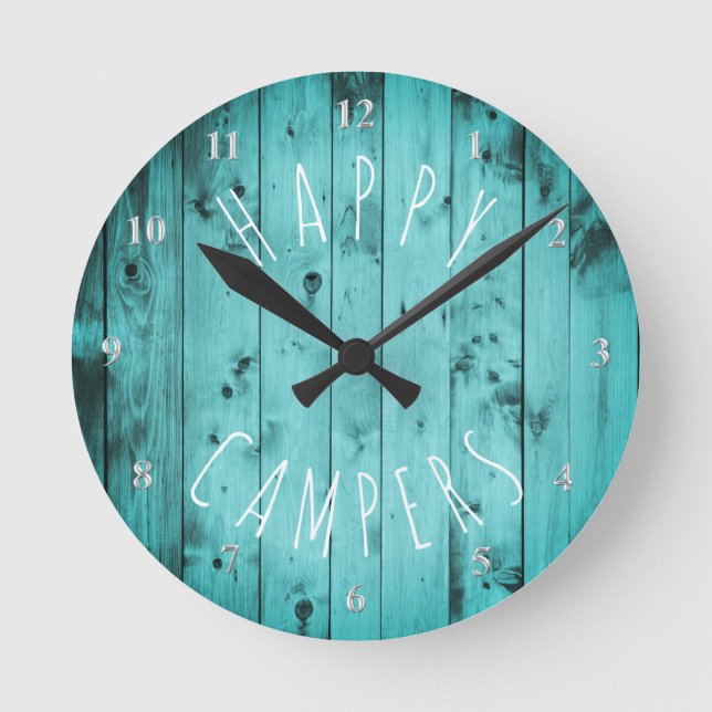 Happy Campers Turquoise Wood Retirement RV Camping Round Clock (Front)