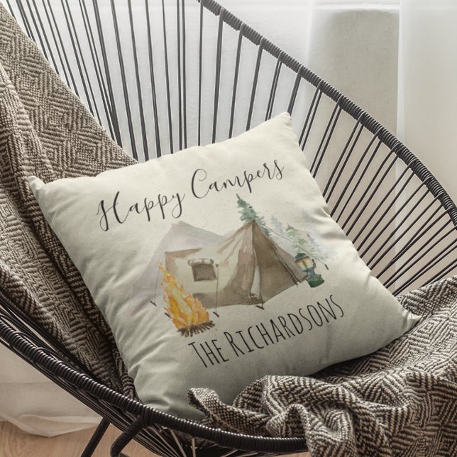 Happy Campers Watercolor Personalise Camp Tent Cushion (Creator Uploaded)