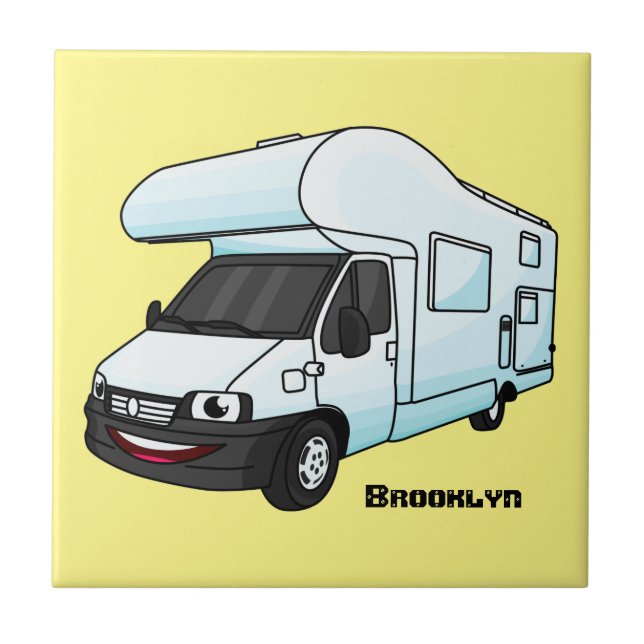 Happy campervan cartoon illustration ceramic tile (Front)