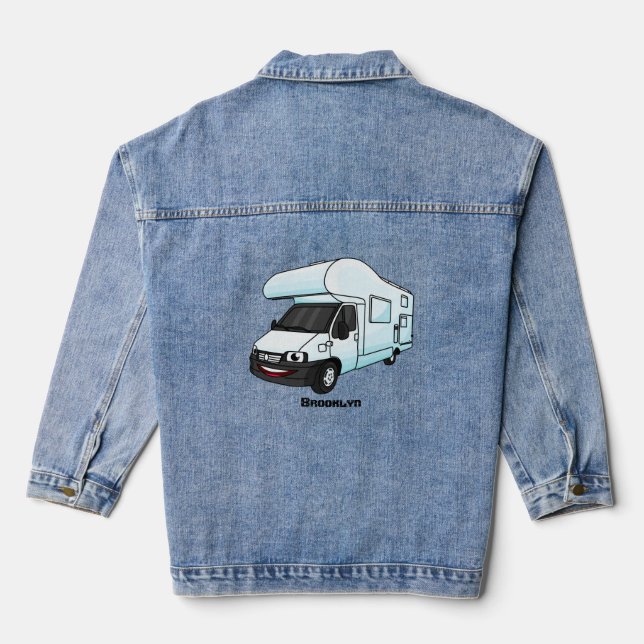 Happy campervan cartoon illustration denim jacket (Back)