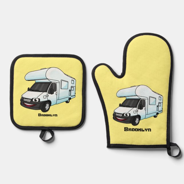 Happy campervan cartoon illustration oven mitt & pot holder set (Front)