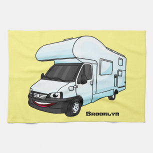 Happy campervan cartoon illustration tea towel
