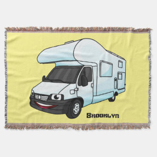 Happy campervan cartoon illustration throw blanket
