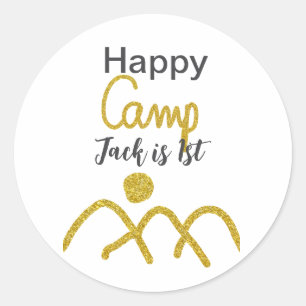 Happy camping camper one birthday kids golden sun classic round sticker