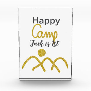 Happy camping camper one birthday kids golden sun photo block