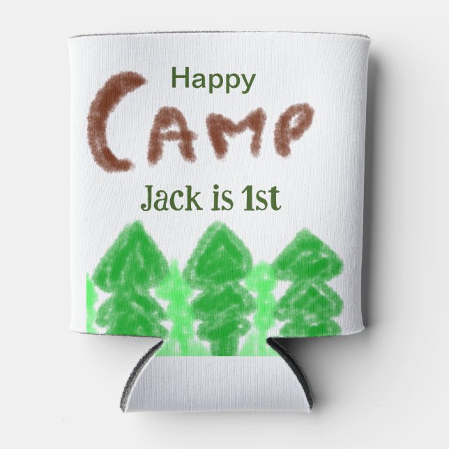 Happy camping camper one birthday kids trees wood can cooler (Front)