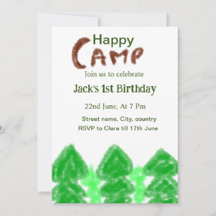 Happy camping camper one birthday kids trees wood invitation