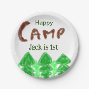 Happy camping camper one birthday kids trees wood paper plate