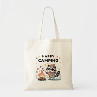 Happy Camping Racoon, Cute Campfire Cartoon Tote Bag