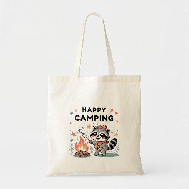 Happy Camping Racoon, Cute Campfire Cartoon Tote Bag (Front)