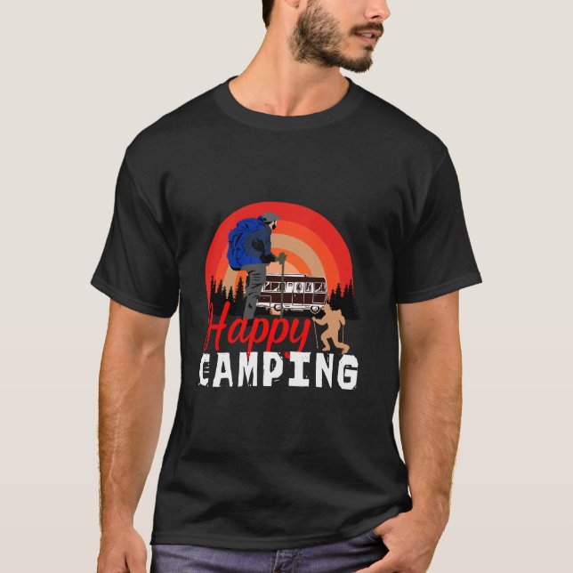 Happy Camping Retro Sunset Hiking Adventure T-Shirt (Front)