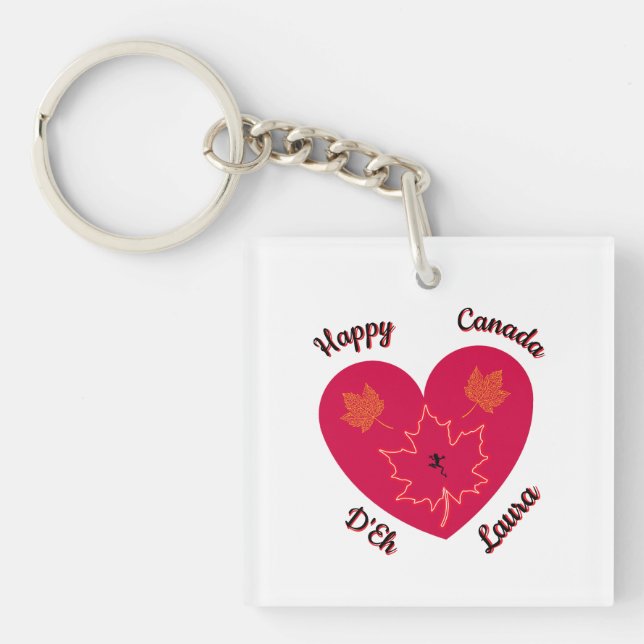 Happy Canada D'Eh Heart, Frog, Maple Leaves Key Ring (Front)