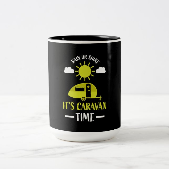 happy caravan camping trip Two-Tone coffee mug (Center)