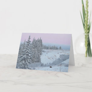 Happy card with snow, spruce, and moose