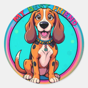 Happy Cartoon Beagle Dog My Best Friend Classic Round Sticker