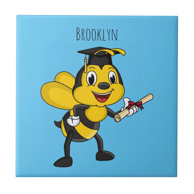 Happy cartoon bee graduation ceramic tile (Front)