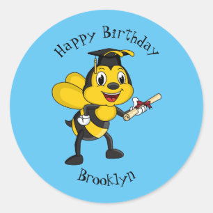 Happy cartoon bee graduation classic round sticker