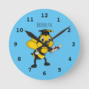 Happy cartoon bee graduation round clock