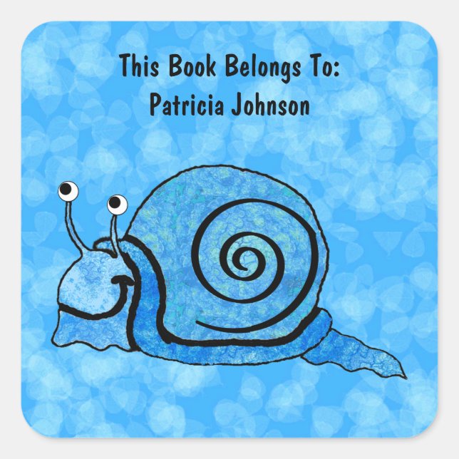 Happy Cartoon Blue Patterned Snail on Aqua Square Sticker (Front)