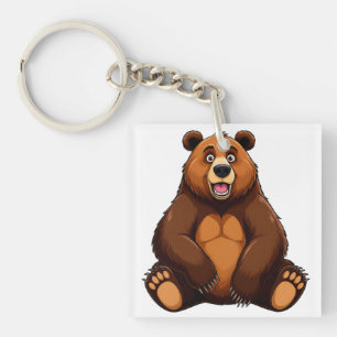 Happy Cartoon Brown Bear Sitting Smiling Key Ring
