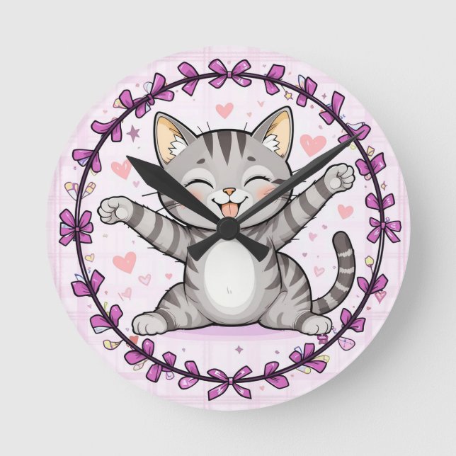 Happy Cartoon Cat Illustration Round Clock (Front)