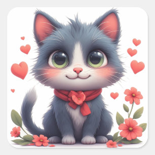 Happy Cartoon Cat With Flowers And Hearts Fun 🌸 Square Sticker