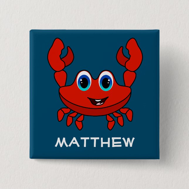 Happy Cartoon Crab Personalised Kids 15 Cm Square Badge (Front)